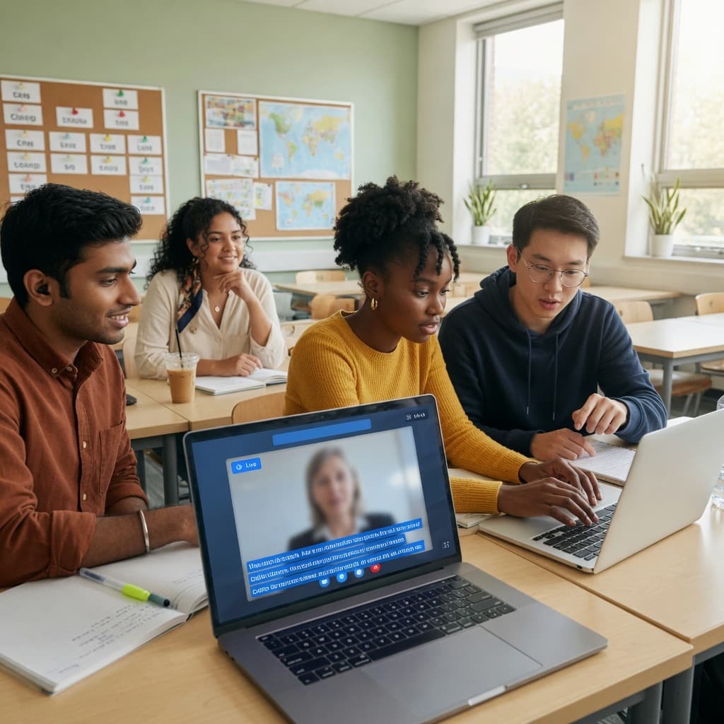 Students with bilingual live captions during a mentorship session