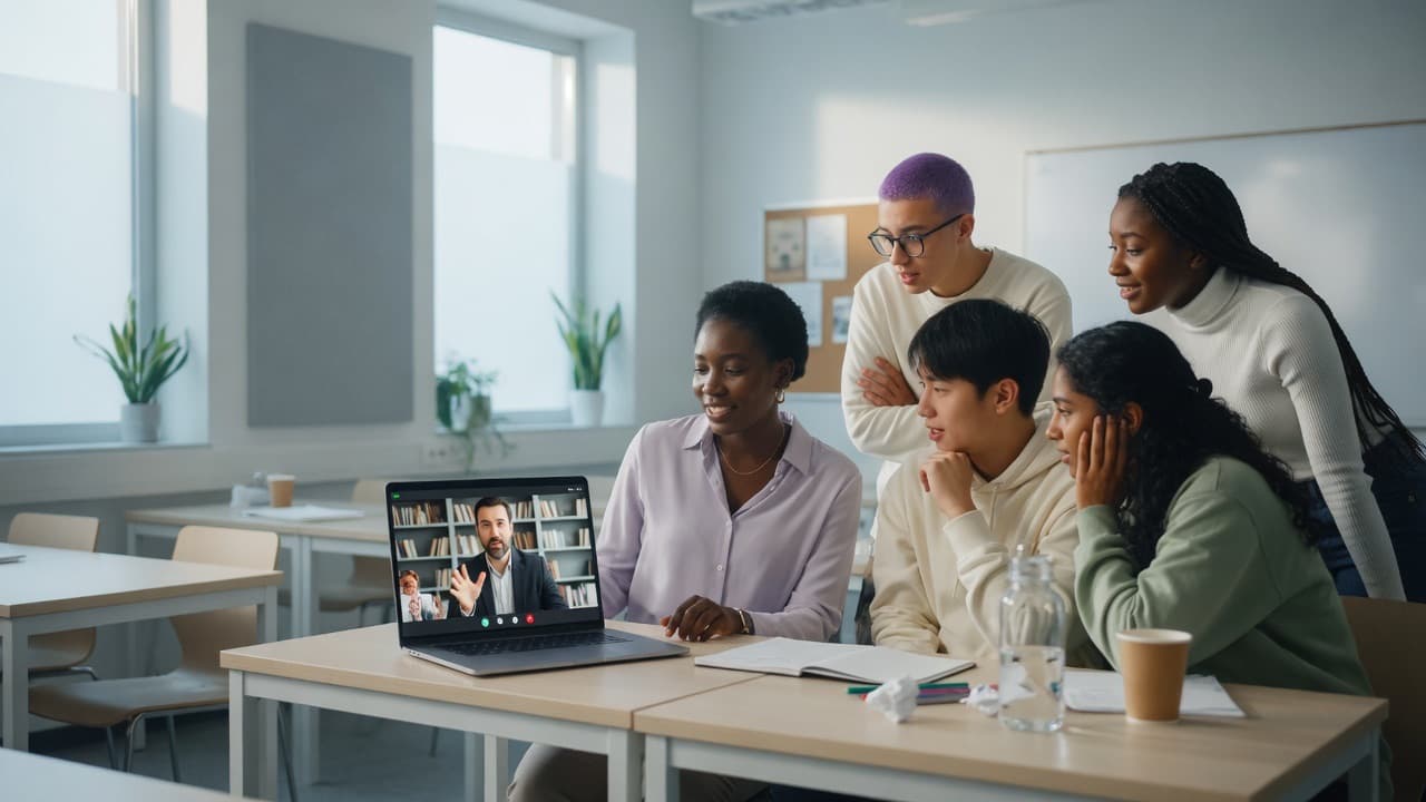 Students and an instructor in a bright classroom on a live video call with a professional mentor