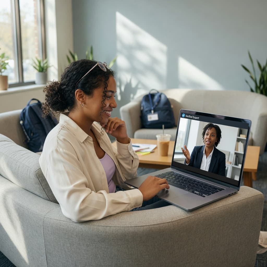 Student on a video call with a verified expert in a campus lounge