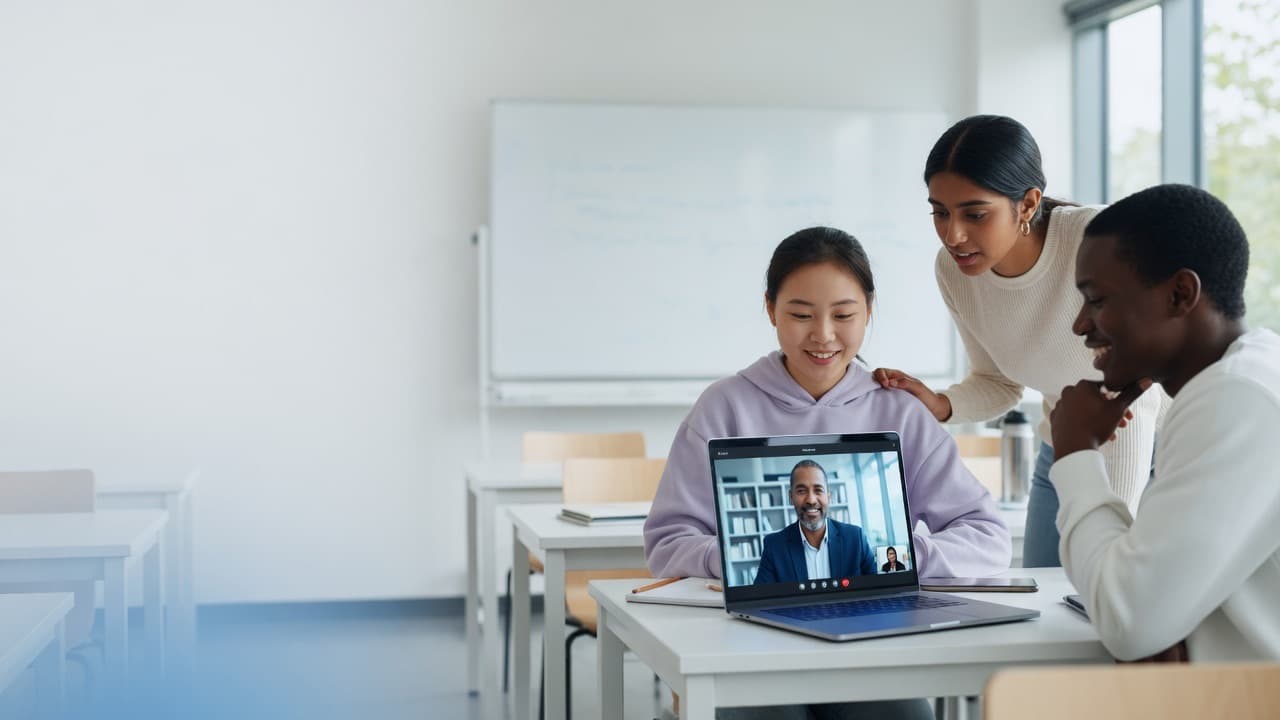 College students smiling during a live video session with an aerospace professional